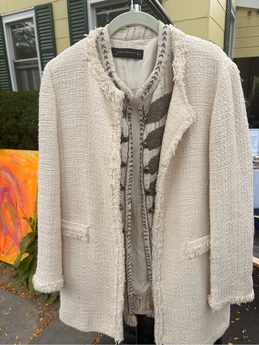 Zara Cream Bouclé Fringe Jacket